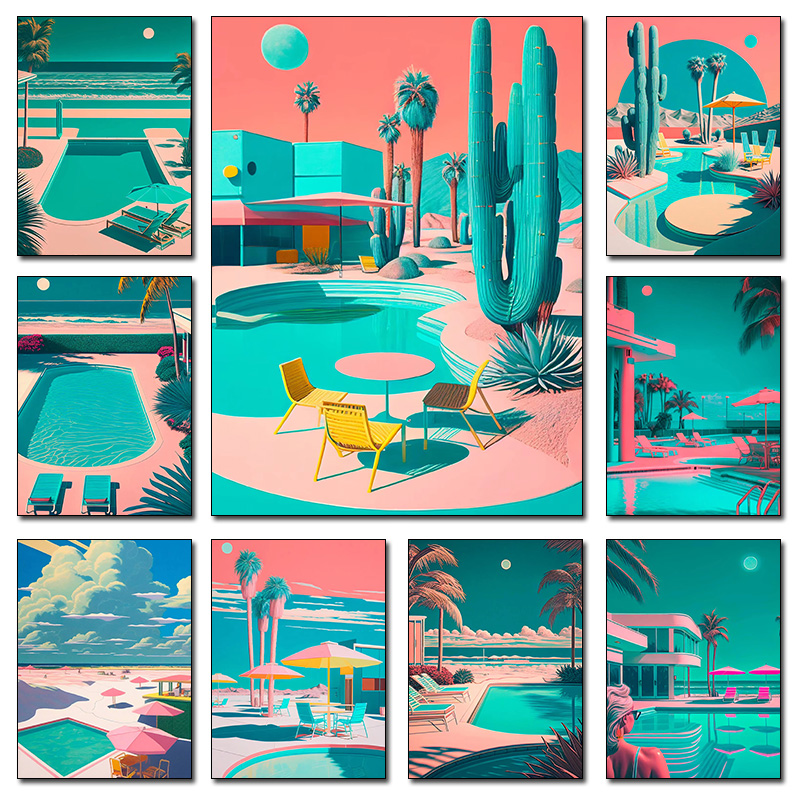 Resin Art Wall - Retro Futuristic Beachside Palm Trees Desert
